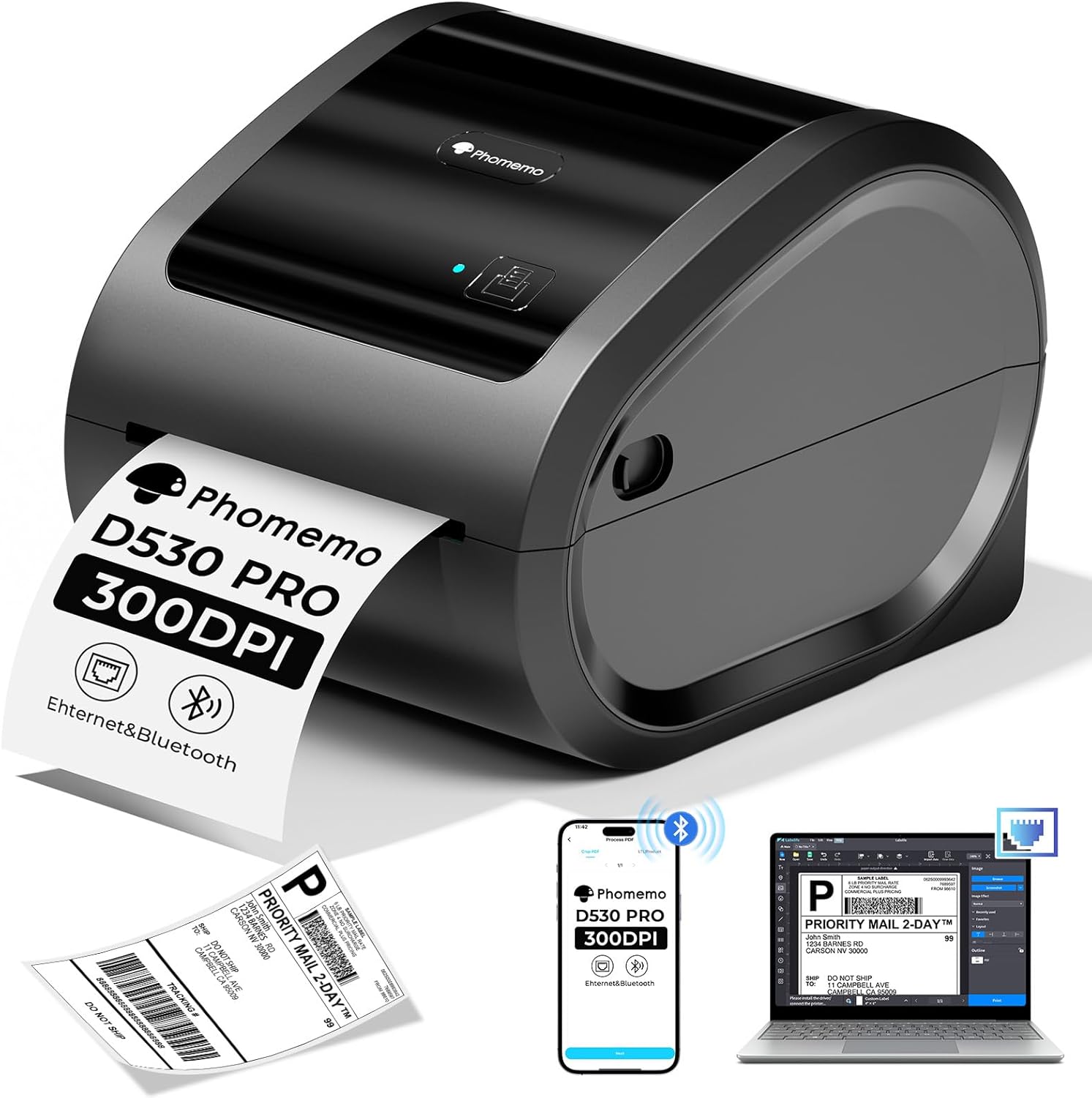Phomemo Phomemo Bluetooth Thermal Label Printer 4x6, 300DPI Shipping Label Printer for Small Business, Home, Office, D530PRO Wireless Thermal Printer Support Ethernet/Bluetooth/USB, Amazon, Ebay, Etsy, USPS