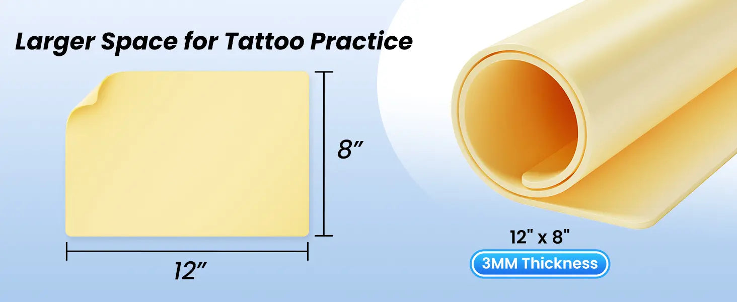 Large tattoo practice skin sheet measuring 12x8 inches with 3mm thickness for extended tattoo training space