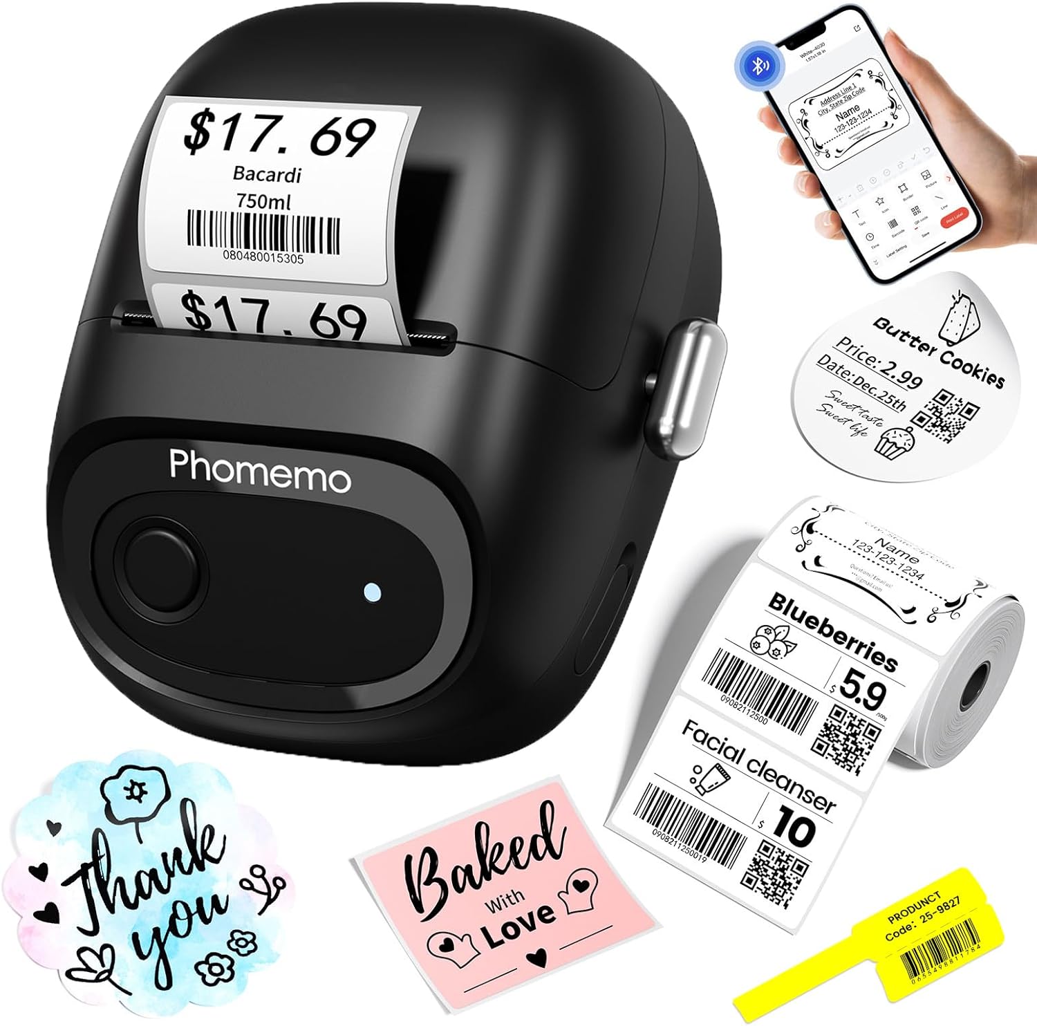 Phomemo Phomemo Label Maker, M160 Bluetooth Address Label Printer with Different Fonts and Templates, 2 Inch Barcode Label Maker for Small Business, Mailing, Logo, Clothing, Sticker Printer for Phone& PC