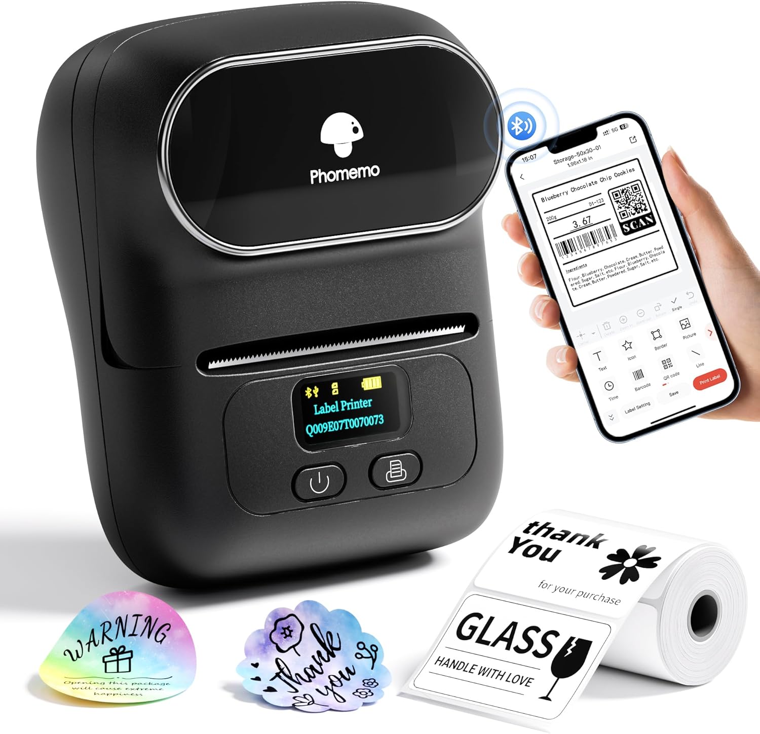 Phomemo Phomemo M110 Label Makers - Barcode Label Printer Bluetooth Label Maker Portable Thermal Printer for Small Business, Address, Barcode, Logo, Clothing, Mailing, Sticker Printers for Phones & PC, Black, Standard Printer with 3 rolls label