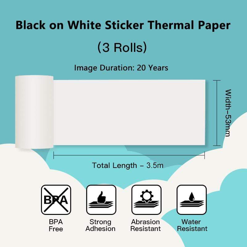53mm 20-year Lasting White Sticker Thermal Paper For M02 Series/ M03AS/ M04S/ M04AS丨3 Rolls - Phomemo