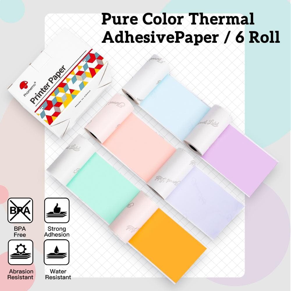 Mixed Pure 6 Colors Thermal Adhesive Papers for M02 Series/ M03AS/ M04S/ M04AS | 6 Rolls - Phomemo