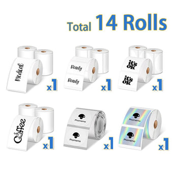 14 Rolls Phomemo White&Transparent&Holographic Thermal Labels for M110/M120/M200/M220/M221+ Free M110 Label Maker - Phomemo