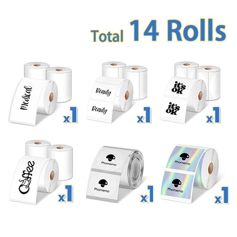 14 Rollen Phomemo White & Transparent & Holographic Thermal Labels für M110/M120/M200/M220/M221+ Free M110 Label Maker