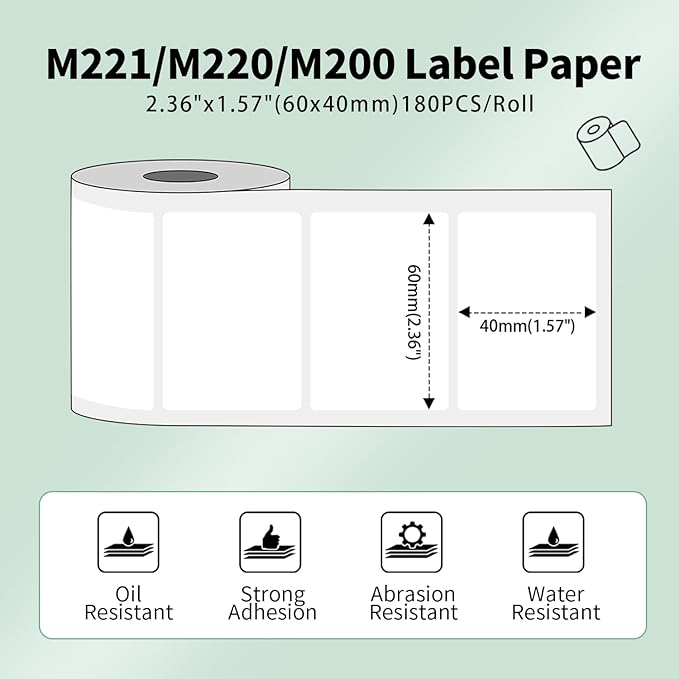 Phomemo 60 X 40mm Square Black on white Labels for Phomemo M220/M221/M200-3 Roll