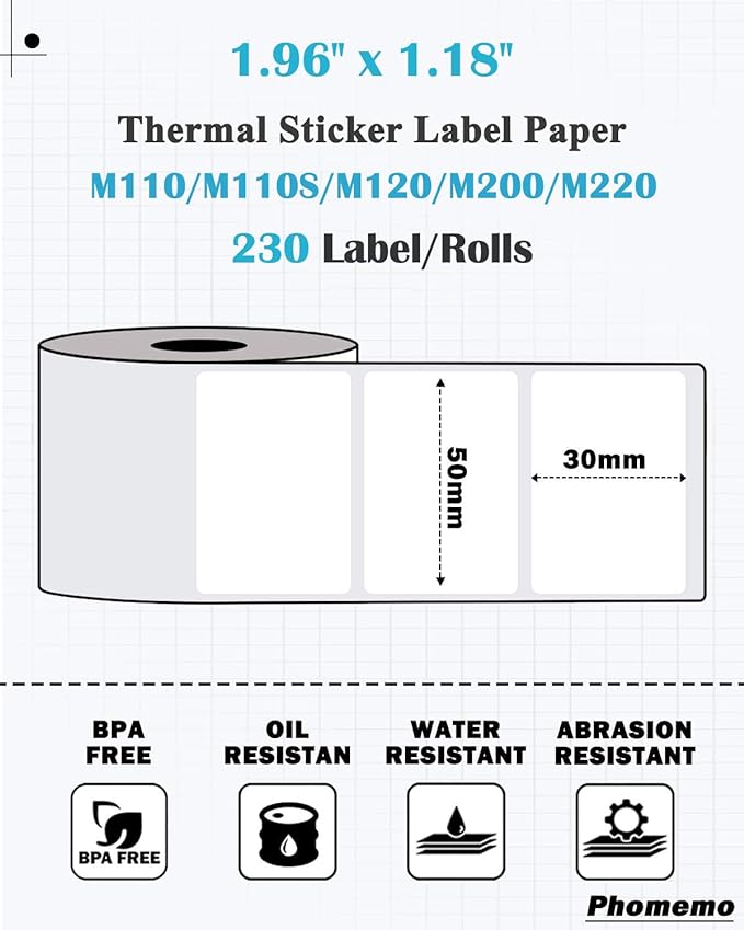 Phomemo 50×30mm Thermal Paper Compatible with  M110/M120/M220/M200 Label Printer-1 Roll