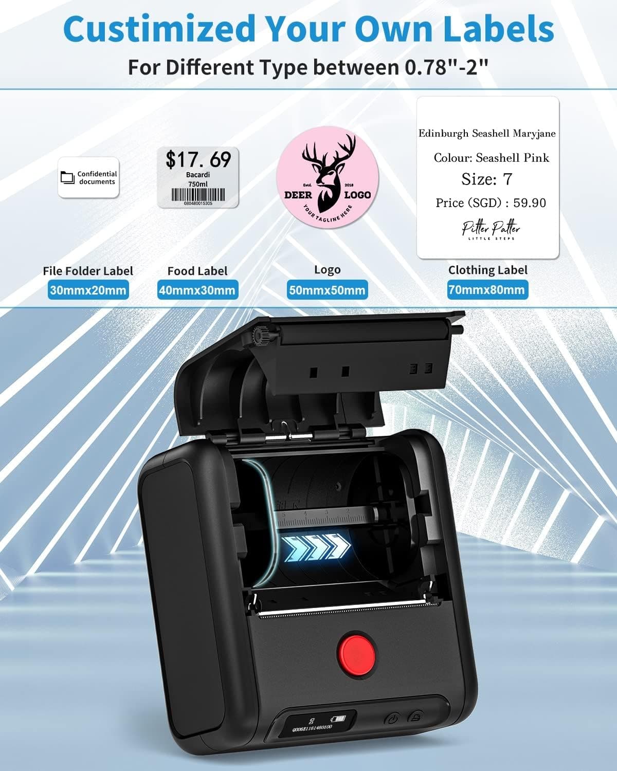 M200 Bluetooth Imprimante d'étiquettes,80 mm imprimante etiquette  autocollante Thermique，imprimante code barre，Compatible avec Android &  iOS,Postuler à Bureau,entrepôt,transport,boutique.Blanc MOONSTA