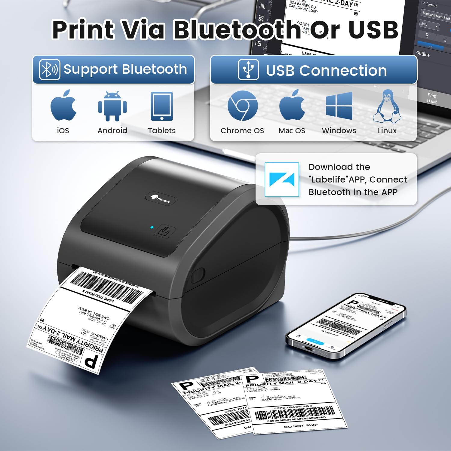 Phomemo Bluetooth Thermal Label Printer 4X6 - D520BT Wireless Shipping Label Printer Build-in Holder, Thermal Label Maker for Return Shipping Package, Compatible with Amazon, USPS, Shopify, Ebay