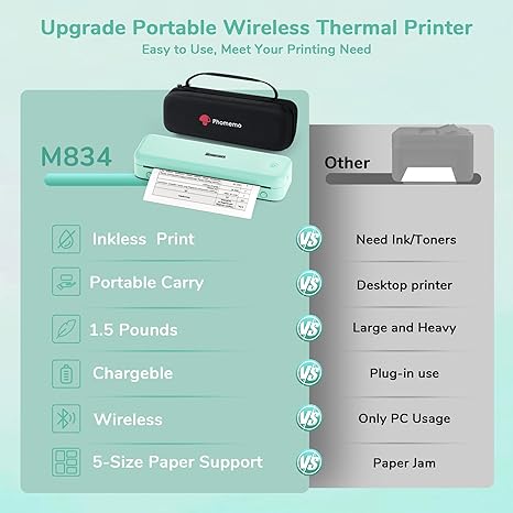 PHOMEMO Tragbare Drucker drahtlos für Reisen [Upgrade], M834 Bluetooth Thermal -Drucker 8.5 "x 11" und A4 Größe, mobiler Drucker mit Tintenlosen mit Tragetaste für Reisen, Büro, Schule, Auto, Home, Münz, Standarddrucker