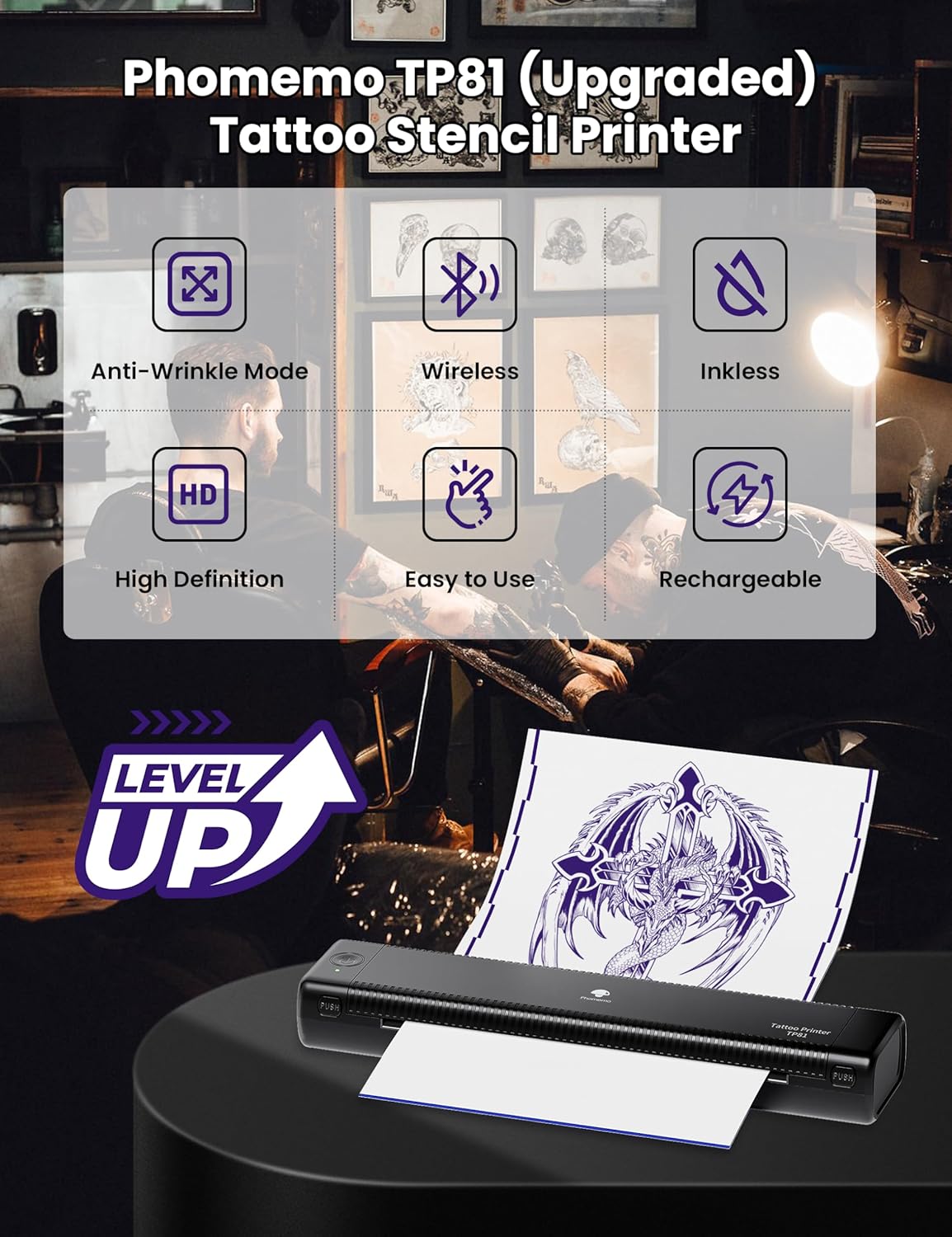 Phomemo TP81 (アップグレード) ワイヤレスタトゥーステンシルプリンター、転写紙10枚付きサーマルタトゥープリンター、タトゥーアーティスト&初心者向けタトゥープリンター、タブレット、スマートフォン、PC対応