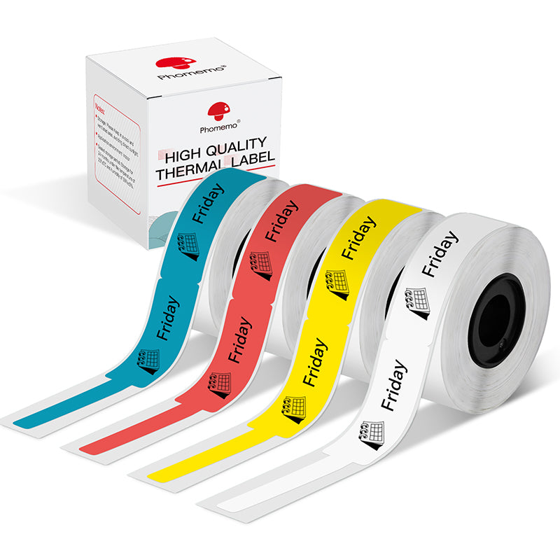 Four rolls of Phomemo cable label tape in red, yellow and white, ideal for organizing and identifying electrical wires.