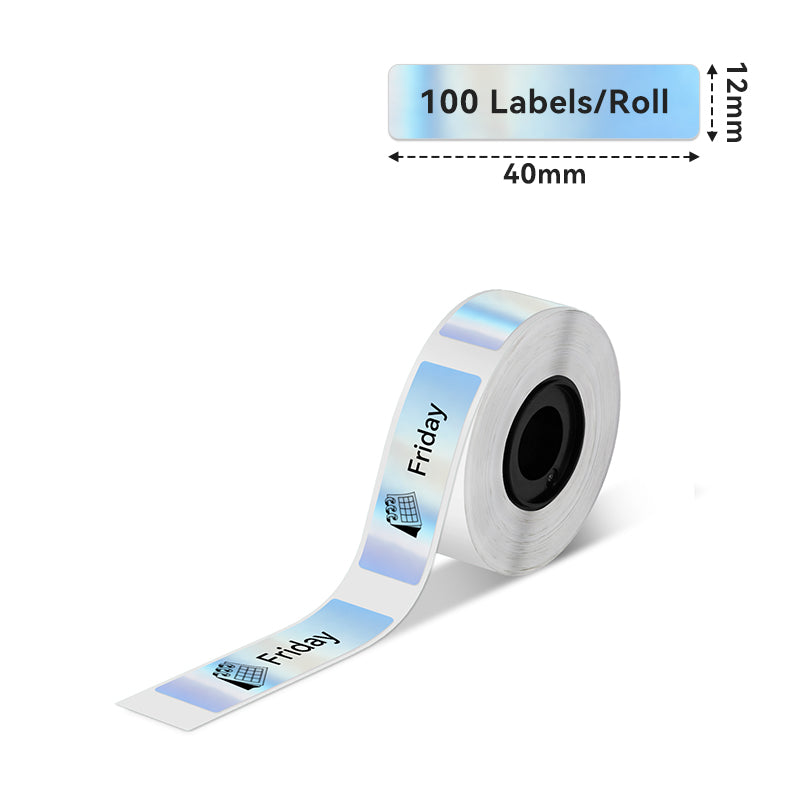 Phomemo Holographic Silver Label Paper mesures 12x40mm, perfect for D30/D35/Q30/Q30S