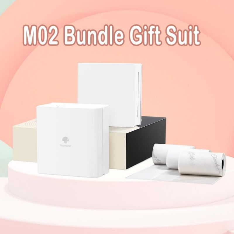 White PHOMEMO M02 Mini Portable Printer Gift Set 