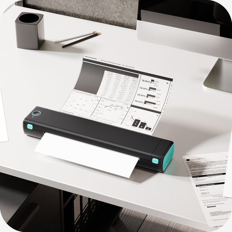 Phomemo A4 thermal portable printer used in an office setting, ideal for printing documents on the go with high-quality, crisp results.