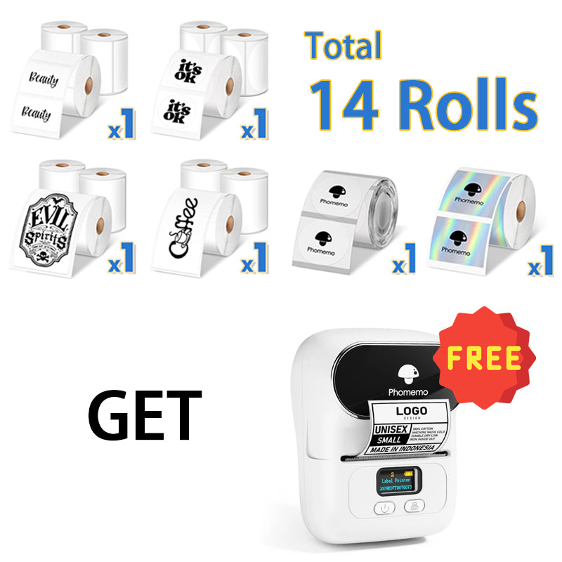 14 Rollen Phomemo White & Transparent & Holographic Thermal Labels für M110/M120/M200/M220/M221+ Free M110 Label Maker