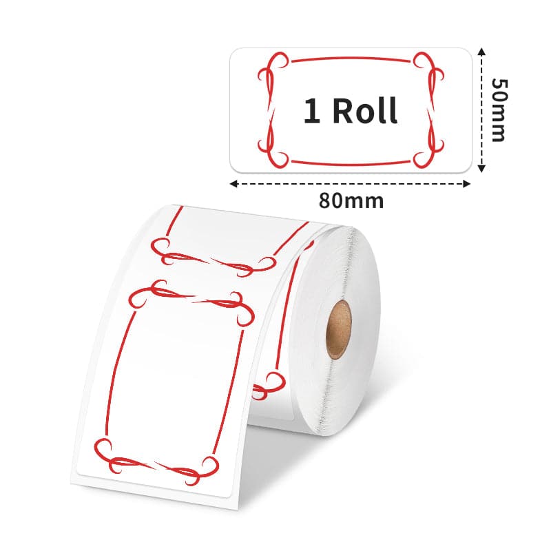 Phomemo square thermal label with red line frame, measures 50x80mm.