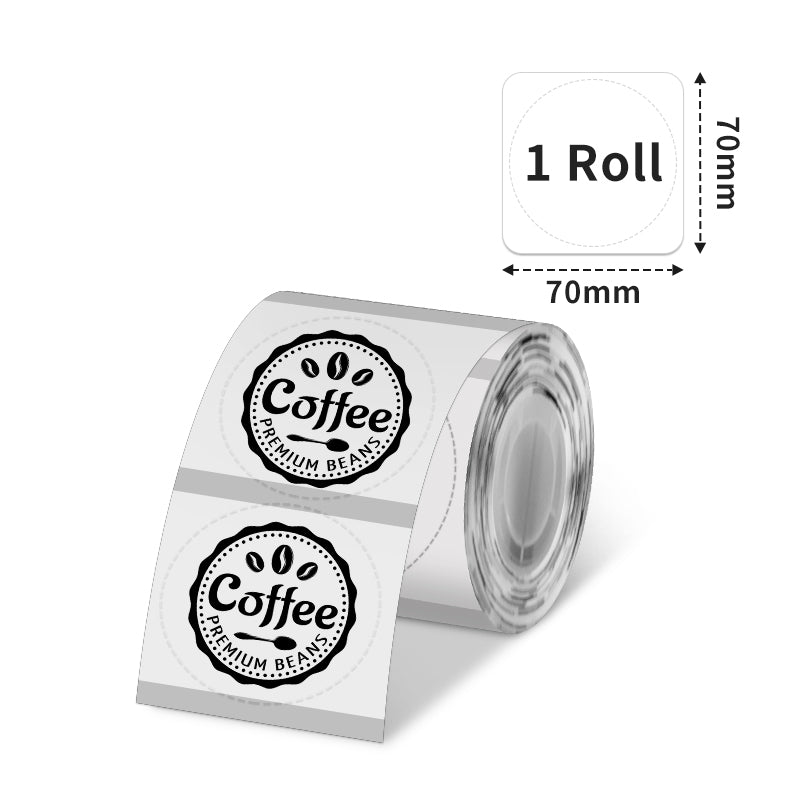 Phomemo round transparent thermal label measures 70x70mm.