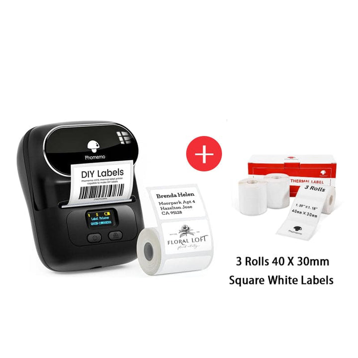 M110  Bluetooth Label Maker Barcode Label Printer - Phomemo black with white labels 