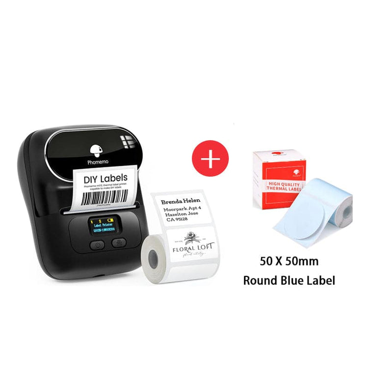 Phomemo M110 Smart Bluetooth Label Maker Black with round blue label