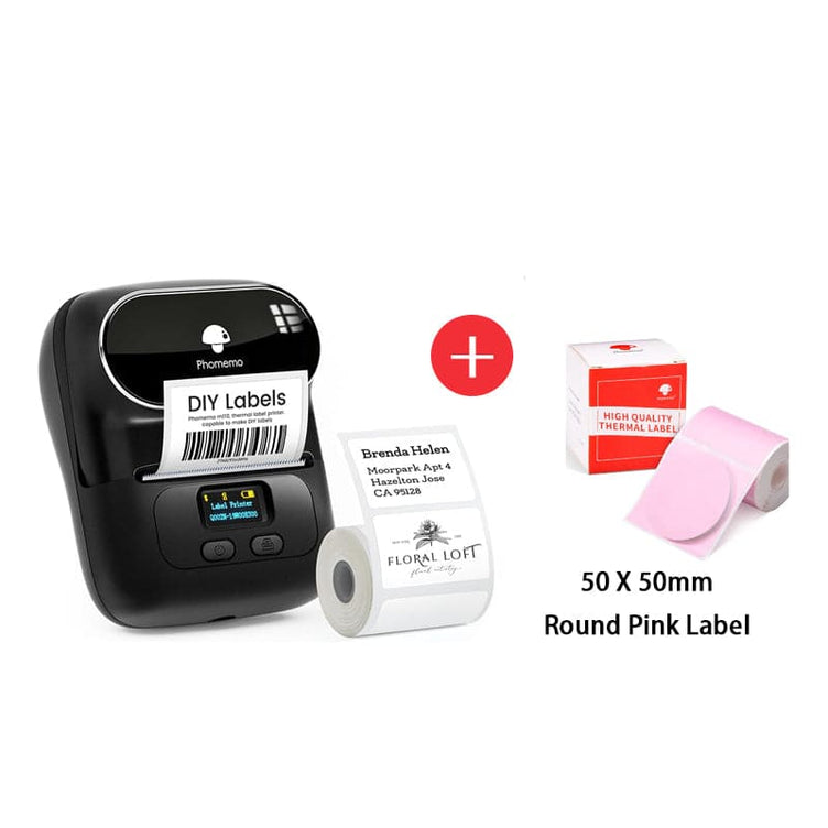 Phomemo M110 Smart Bluetooth Label Maker black with round pink label