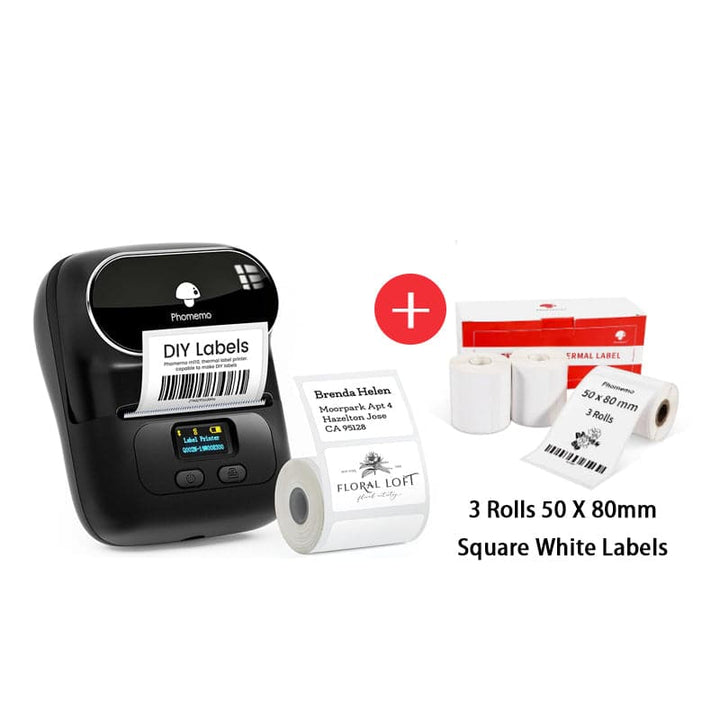 Phomemo M110 Smart Bluetooth Label Maker black with square white labels