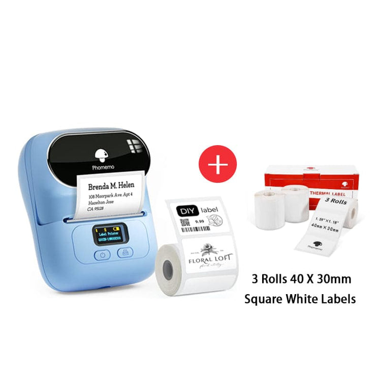 Phomemo M110 Smart Bluetooth Label Maker blue with square white labels