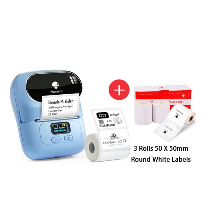 Phomemo M110 Smart Bluetooth Label Maker blue with round white labels