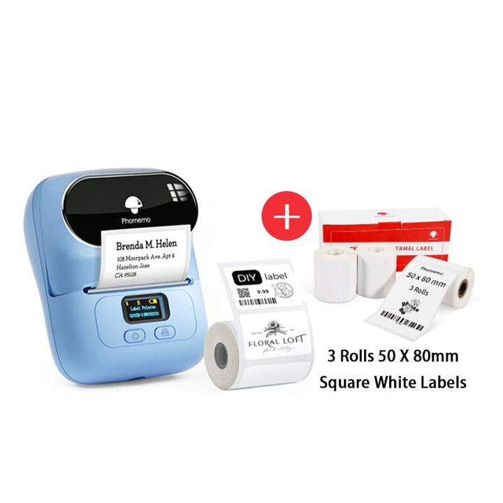 Phomemo M110 Smart Bluetooth Label Maker blue with square white labels