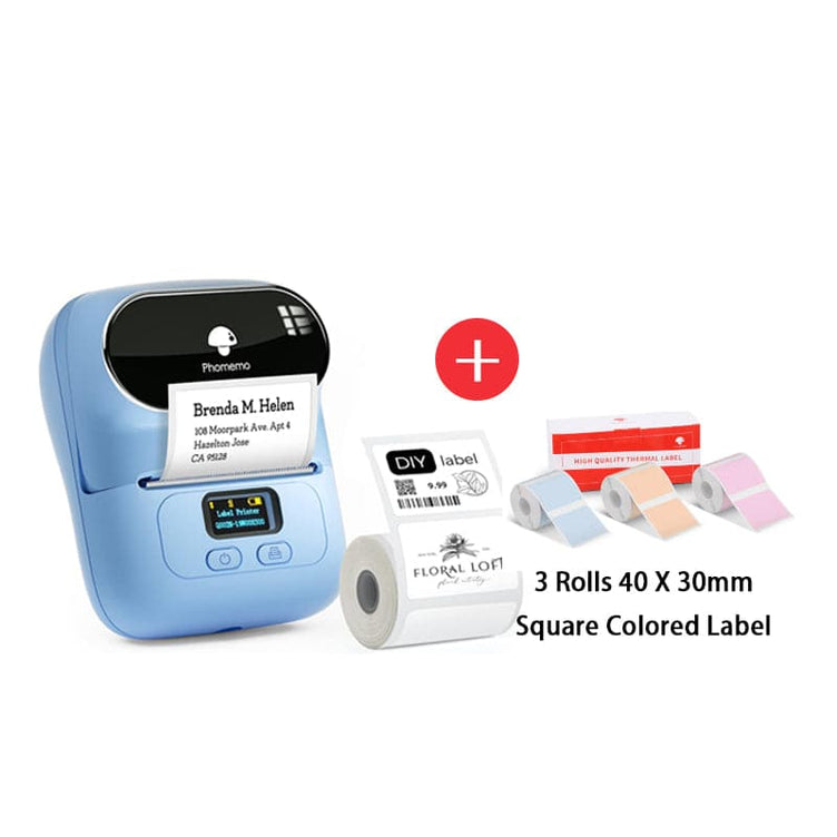 Phomemo M110 Smart Bluetooth Label Maker blue with square colored label