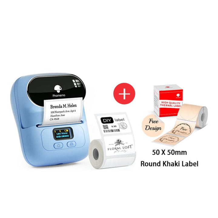 Phomemo M110 Smart Bluetooth Label Maker blue with round khako label