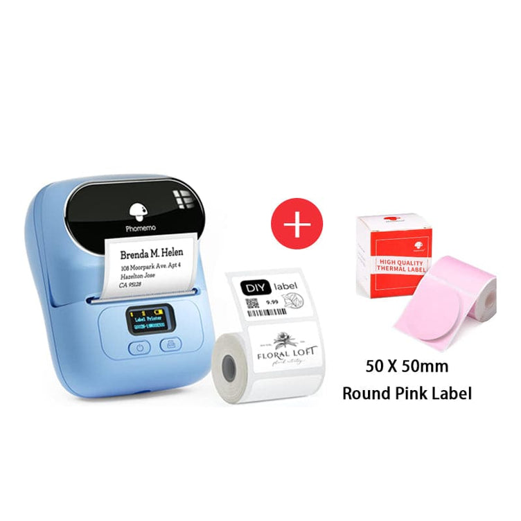 Phomemo M110 Smart Bluetooth Label Maker blue with round pink label