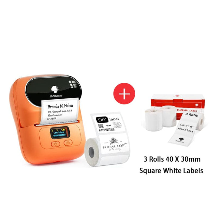 Phomemo M110 Smart Bluetooth Label Maker orange with square white labels