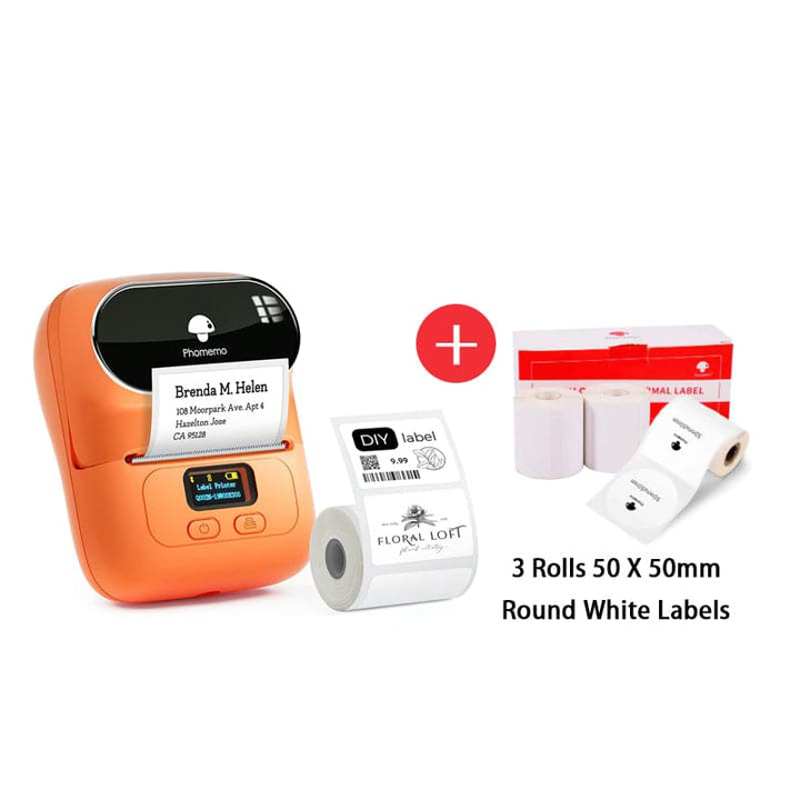 Phomemo M110 Smart Bluetooth Label Maker orange with round white labels