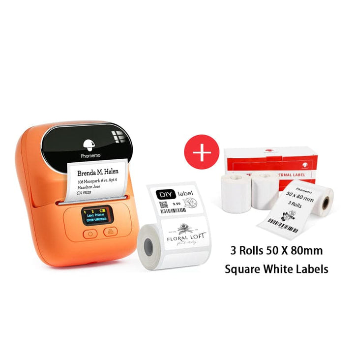 Phomemo M110 Smart Bluetooth Label Maker orange with square white labels