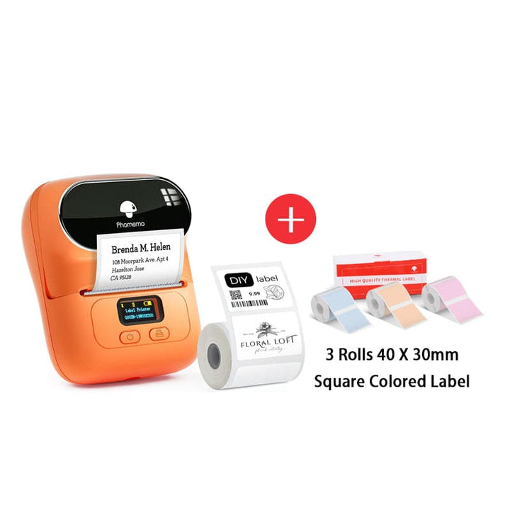 Phomemo M110 Smart Bluetooth Label Maker orange with colored label