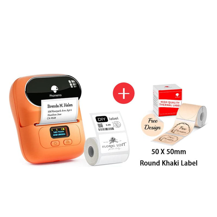 Phomemo M110 Smart Bluetooth Label Maker orange with round khaki label