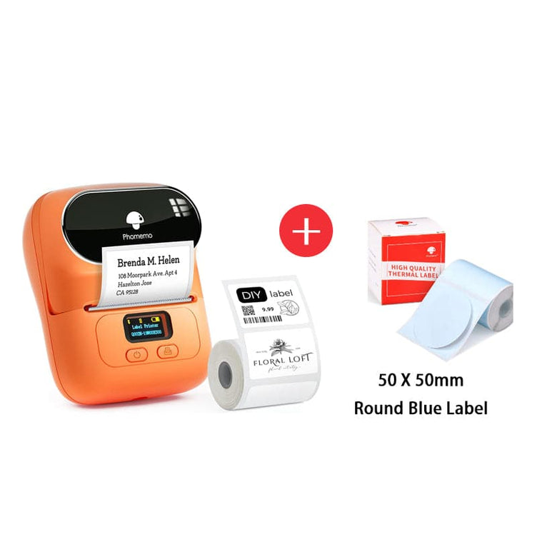 Phomemo M110 Smart Bluetooth Label Maker orange with round blue label