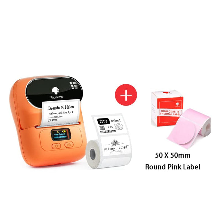 Phomemo M110 Smart Bluetooth Label Maker orange with round pink label