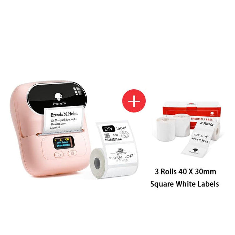 Phomemo M110 Smart Bluetooth Label Maker pink with square white labels