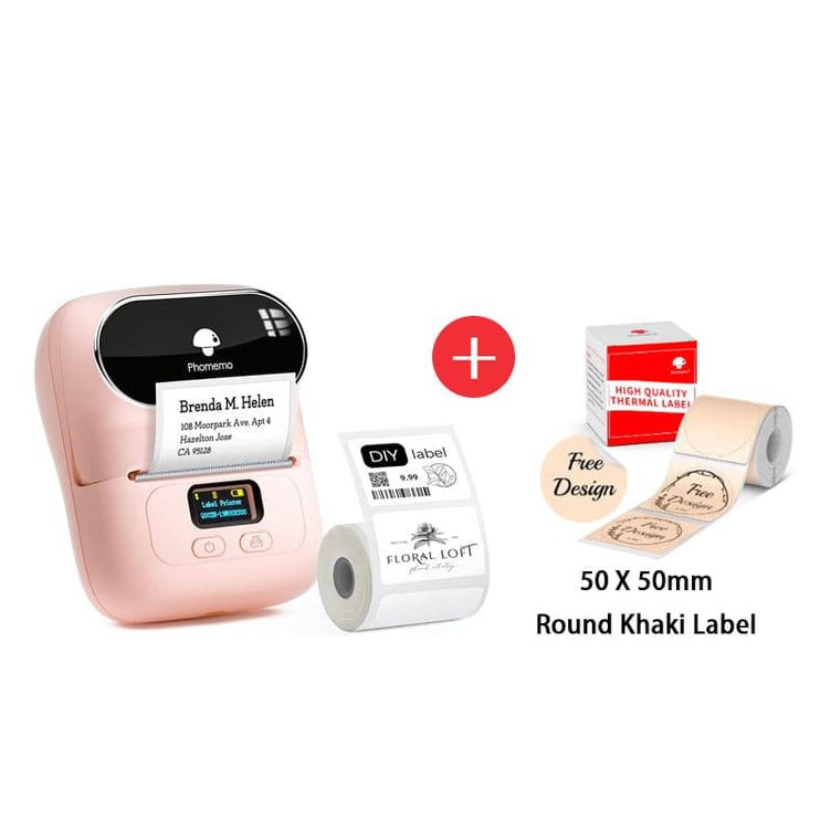 Phomemo M110 Smart Bluetooth Label Maker pink with round khaki label