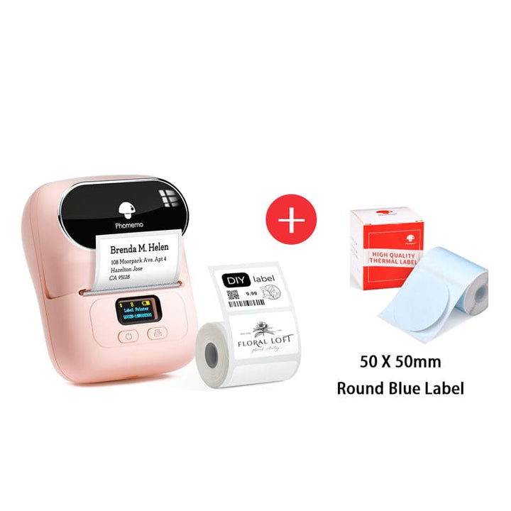 Phomemo M110 Smart Bluetooth Label Maker pink with round blue label