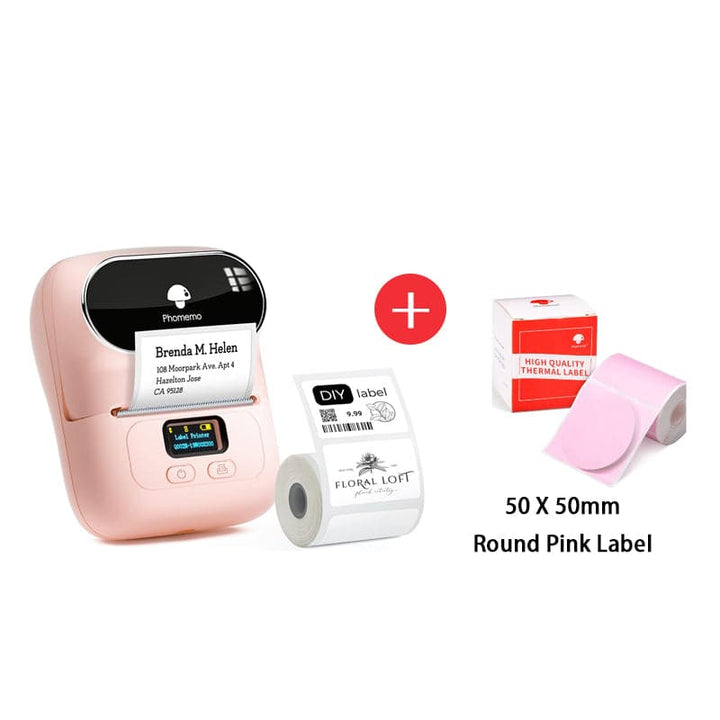 Phomemo M110 Smart Bluetooth Label Maker pink with round pink label