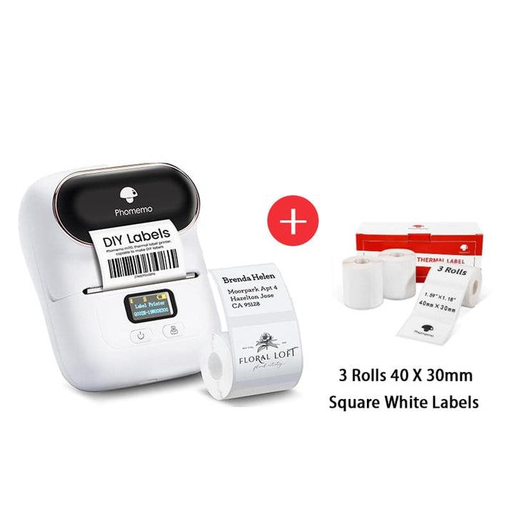 Phomemo M110  Smart Bluetooth Label Maker white with square white labels