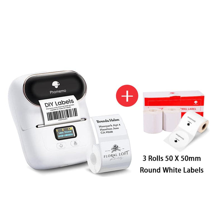 Phomemo M110  Smart Bluetooth Label Maker white with round white labels