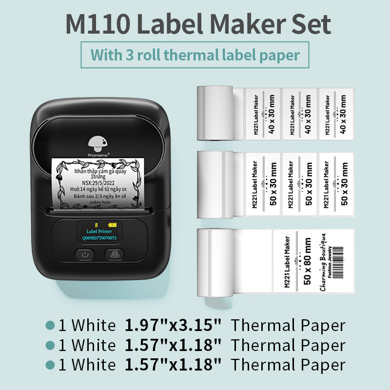 Phomemo black M110 smart bluetooth label maker gift set contains thermal paper and label maker