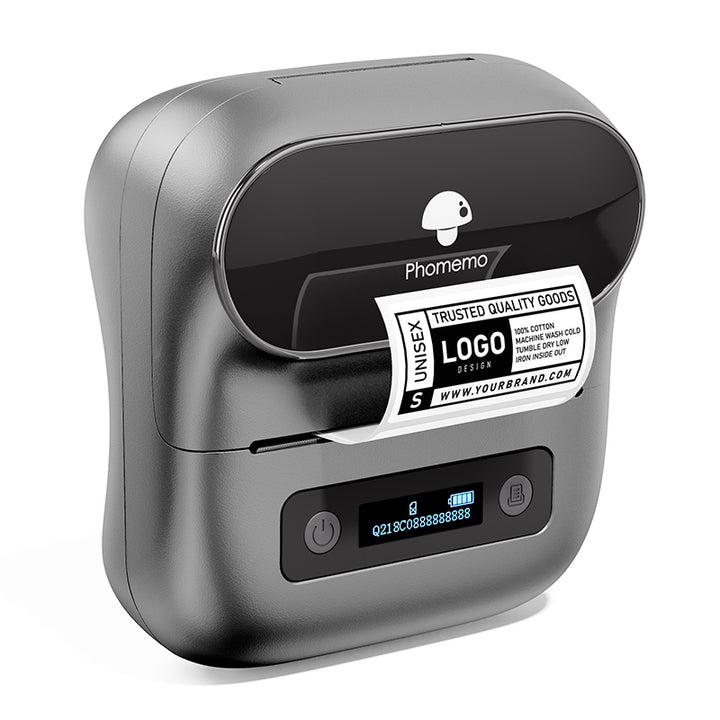 Phomemo M220 commercial QRcode label maker grey uses thermal printing technology.