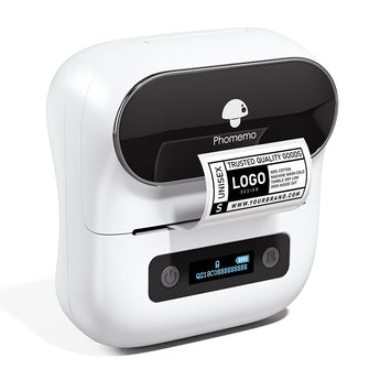 Phomemo M220 Commercial QRcode label maker white is printing a logo label