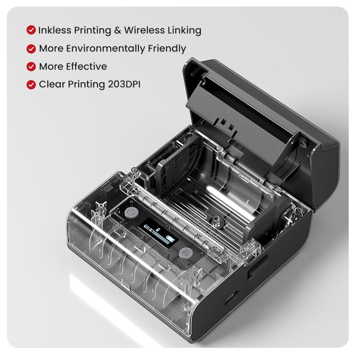 Phomemo M221 handheld barcode label maker uses inkless printing and wireless linking technology.