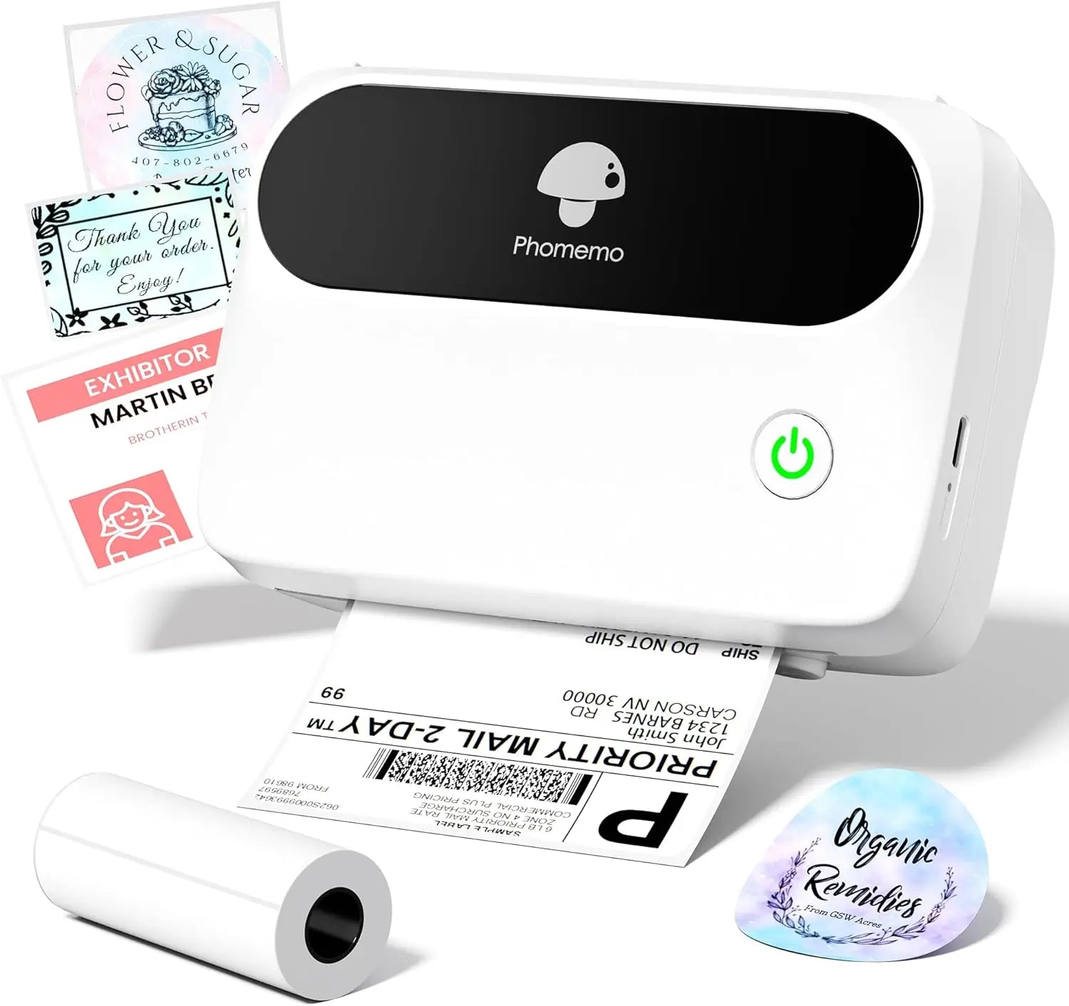 Phomemo M421 Bluetooth label printer, compact and portable, printing business cards, stickers, and shipping labels, ideal for office and personal use.