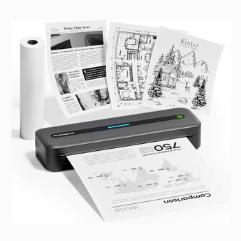 Black Phomemo M832 Bluetooth portable printer printing various sizes of thermal paper